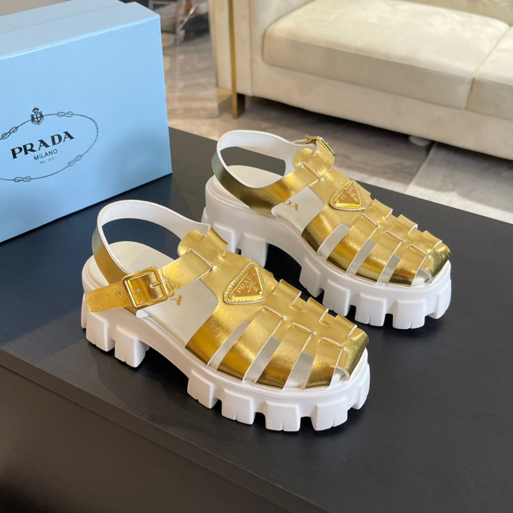 PRADA RUBBER MONOLITH SANLS METALLIC GOLD CALFSKIN