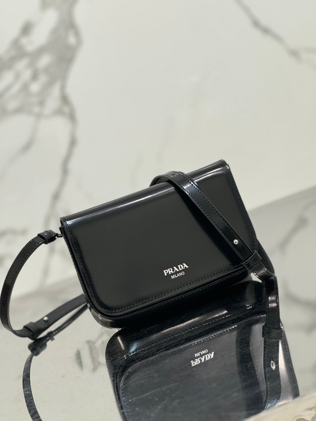 PRADA FLAP BAG 18 IN BLACK SHINY CALFSKIN