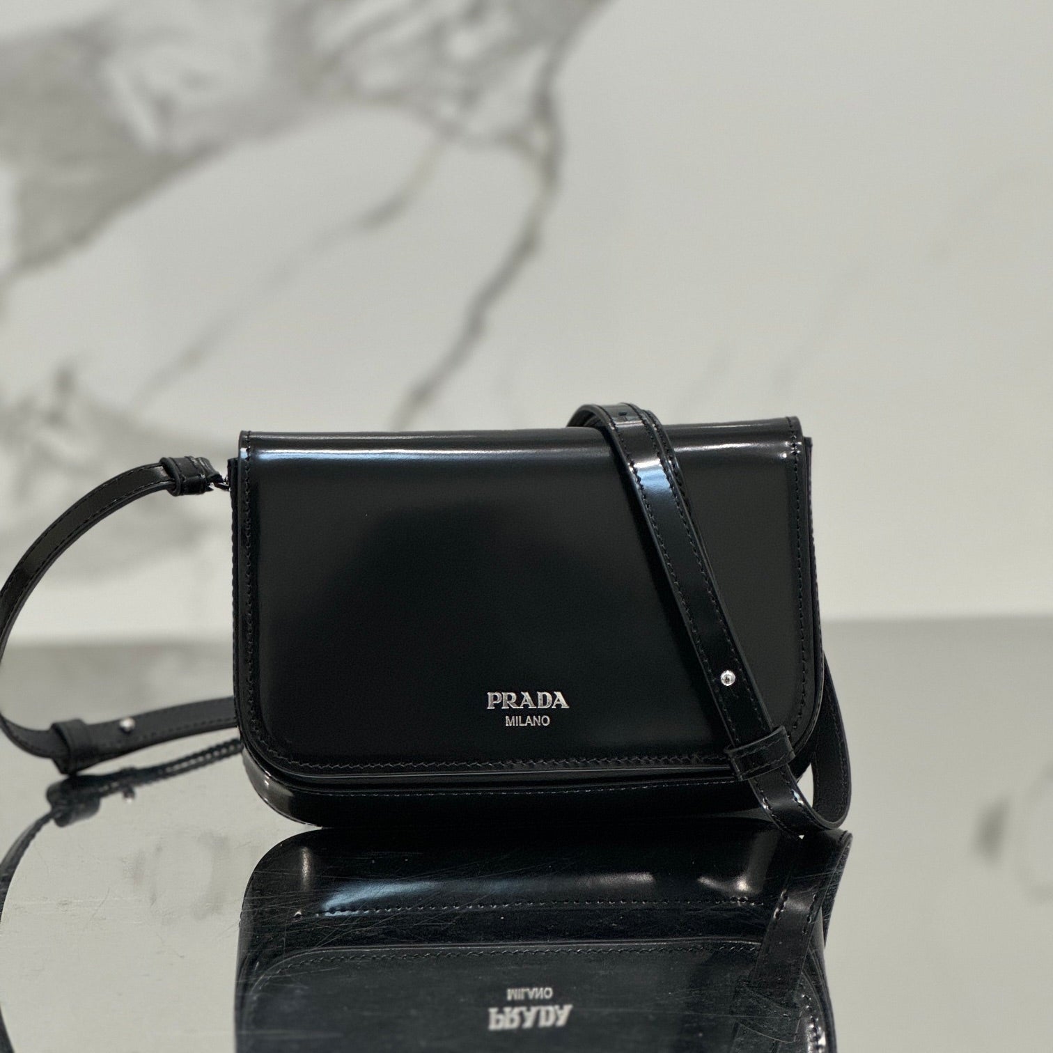PRADA FLAP BAG 18 IN BLACK SHINY CALFSKIN