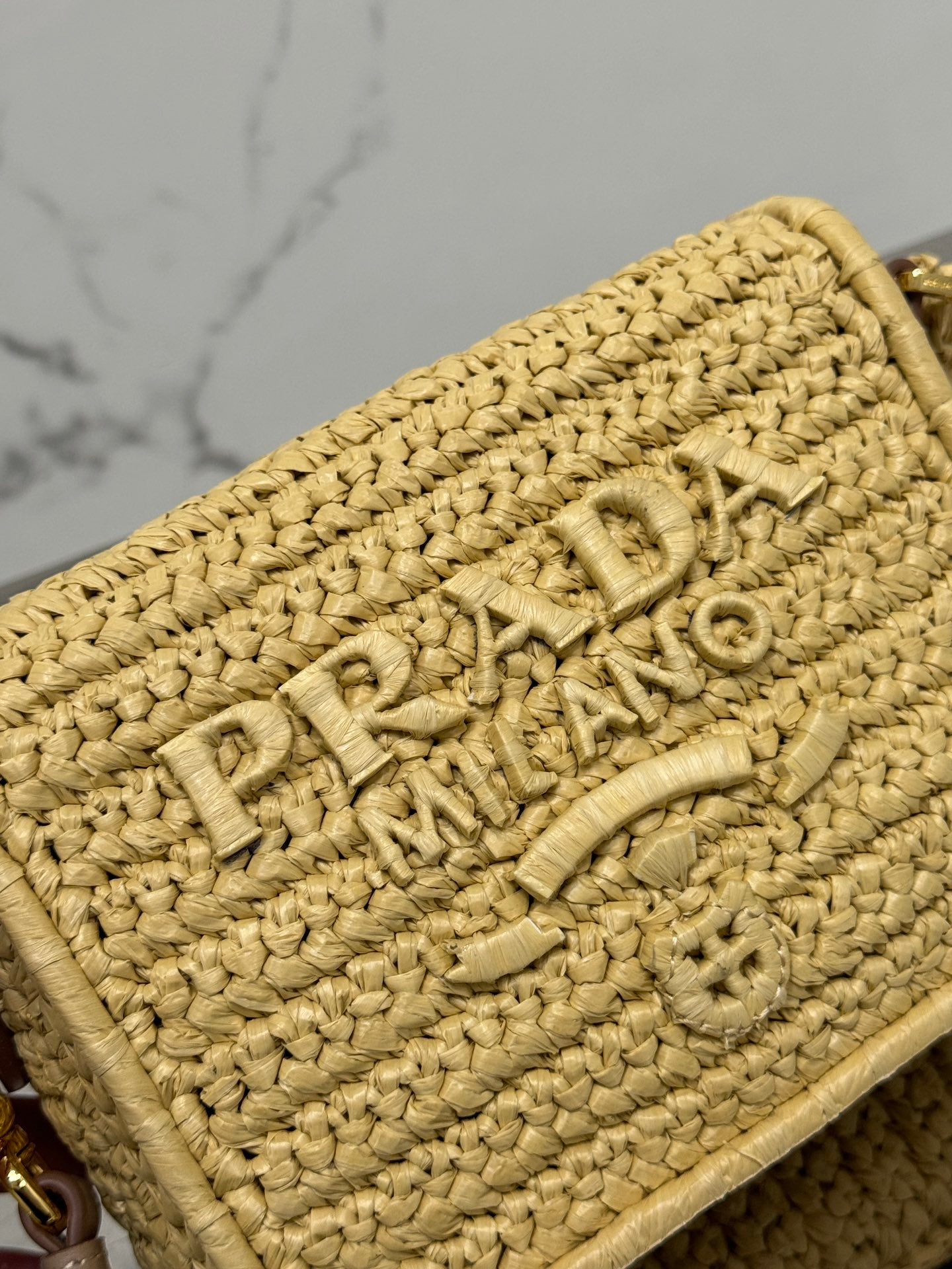 PRADA WOVEN SMALL FLAP BAG 16 IN BEIGE RAFFIA GOLD HARDWARE