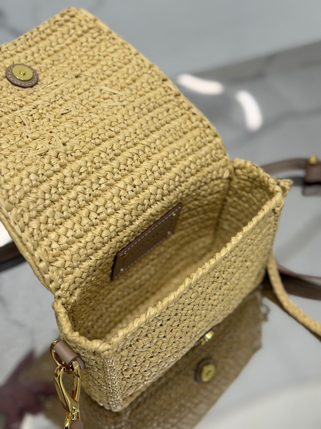 PRADA WOVEN SMALL FLAP BAG 16 IN BEIGE RAFFIA GOLD HARDWARE