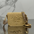 PRADA WOVEN SMALL FLAP BAG 16 IN BEIGE RAFFIA GOLD HARDWARE