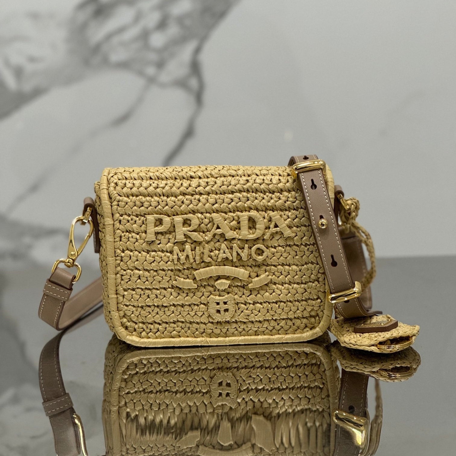 PRADA WOVEN SMALL FLAP BAG 16 IN BEIGE RAFFIA GOLD HARDWARE