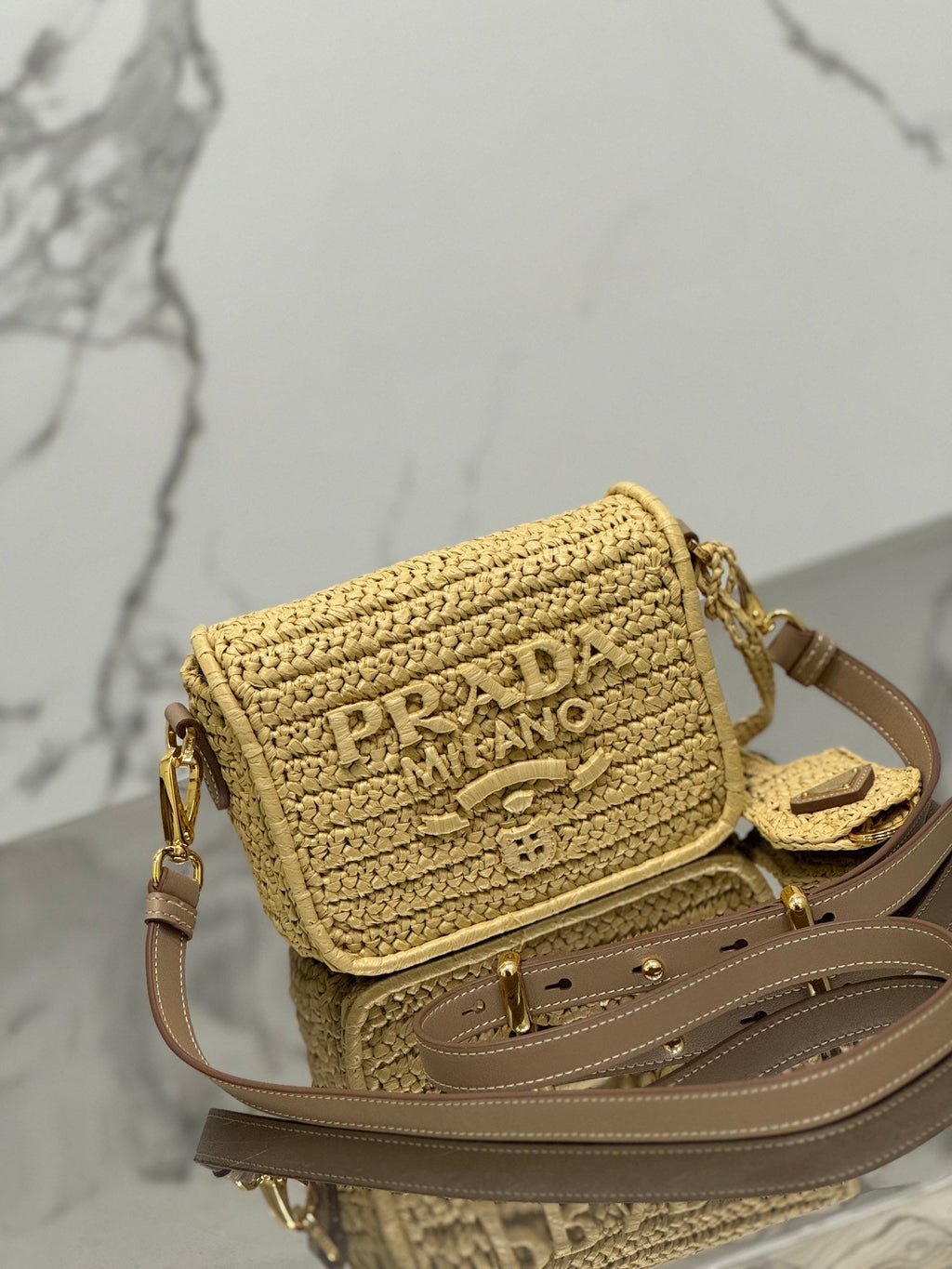 PRADA WOVEN SMALL FLAP BAG 16 IN BEIGE RAFFIA GOLD HARDWARE