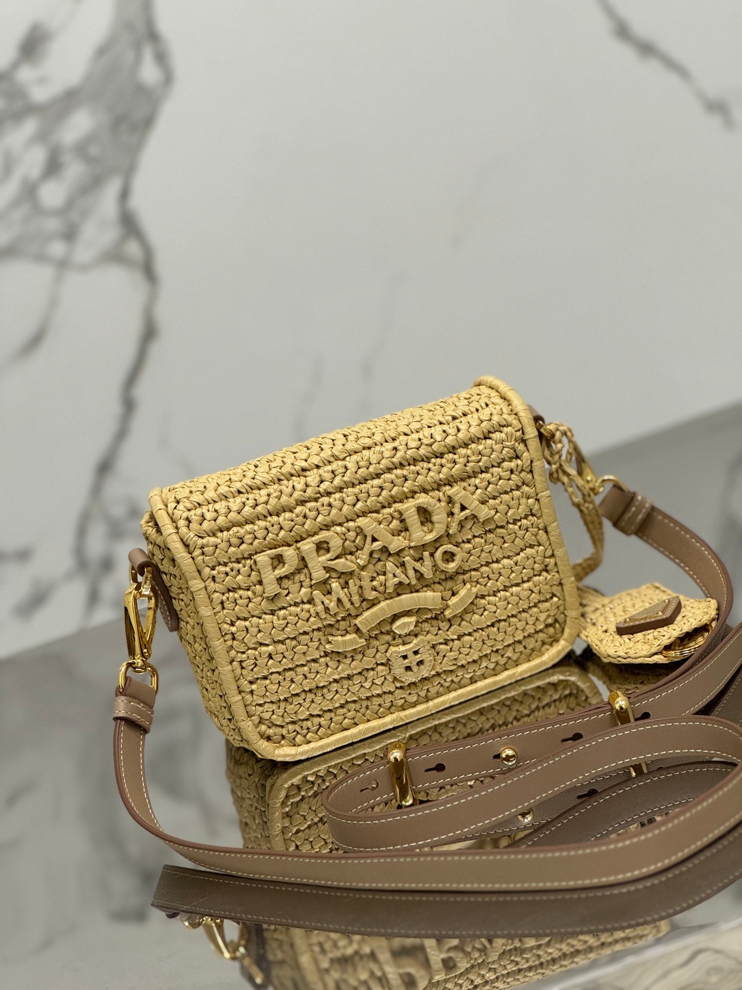 PRADA WOVEN SMALL FLAP BAG 16 IN BEIGE RAFFIA GOLD HARDWARE