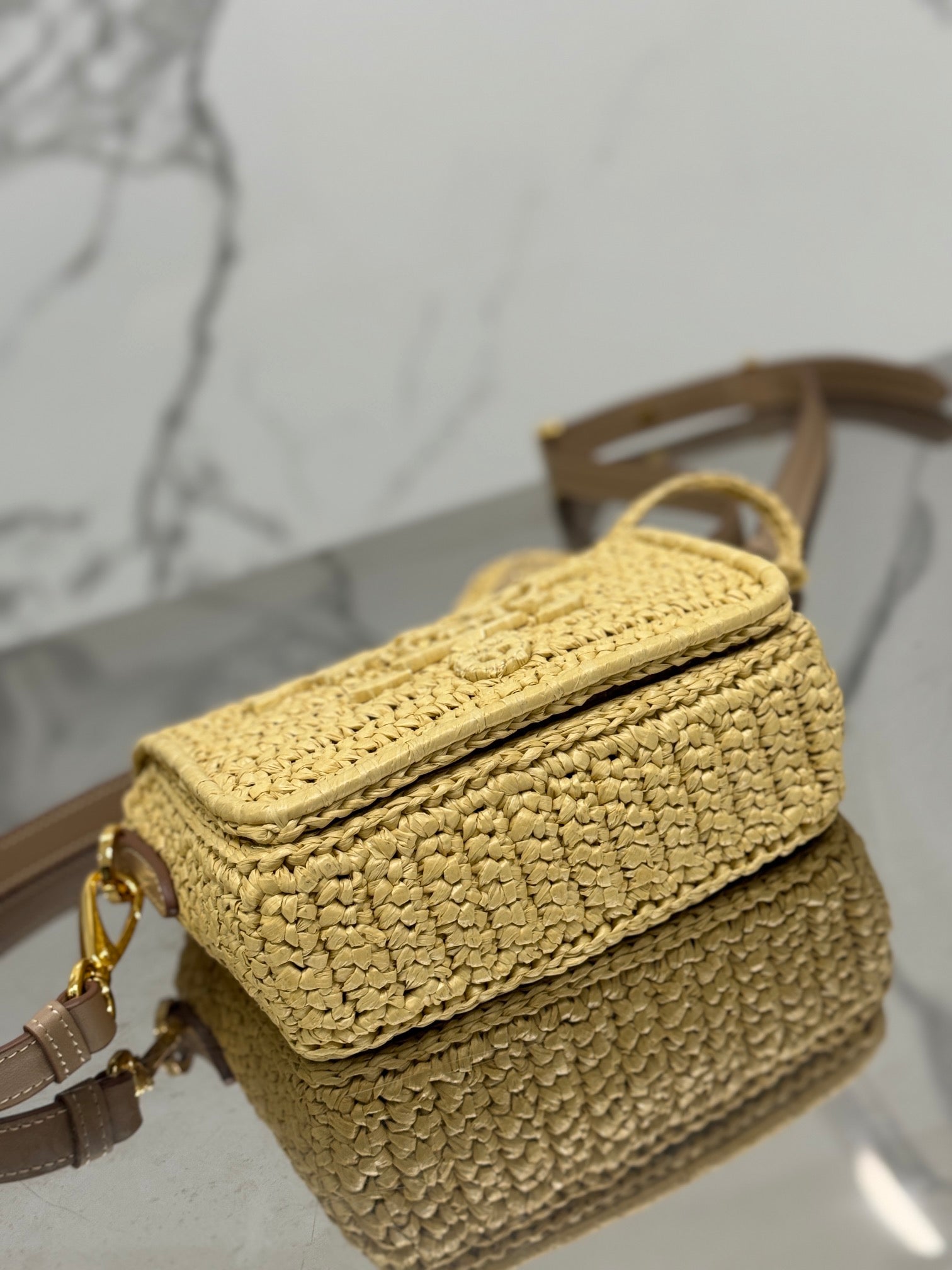 PRADA WOVEN SMALL FLAP BAG 16 IN BEIGE RAFFIA GOLD HARDWARE