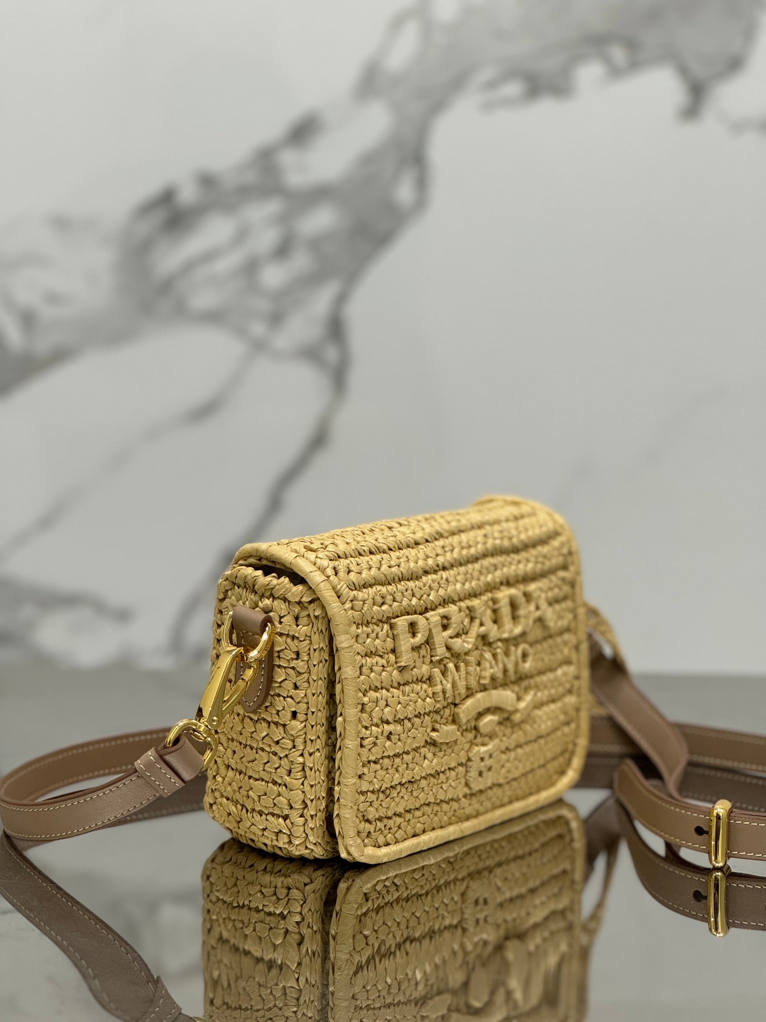 PRADA WOVEN SMALL FLAP BAG 16 IN BEIGE RAFFIA GOLD HARDWARE