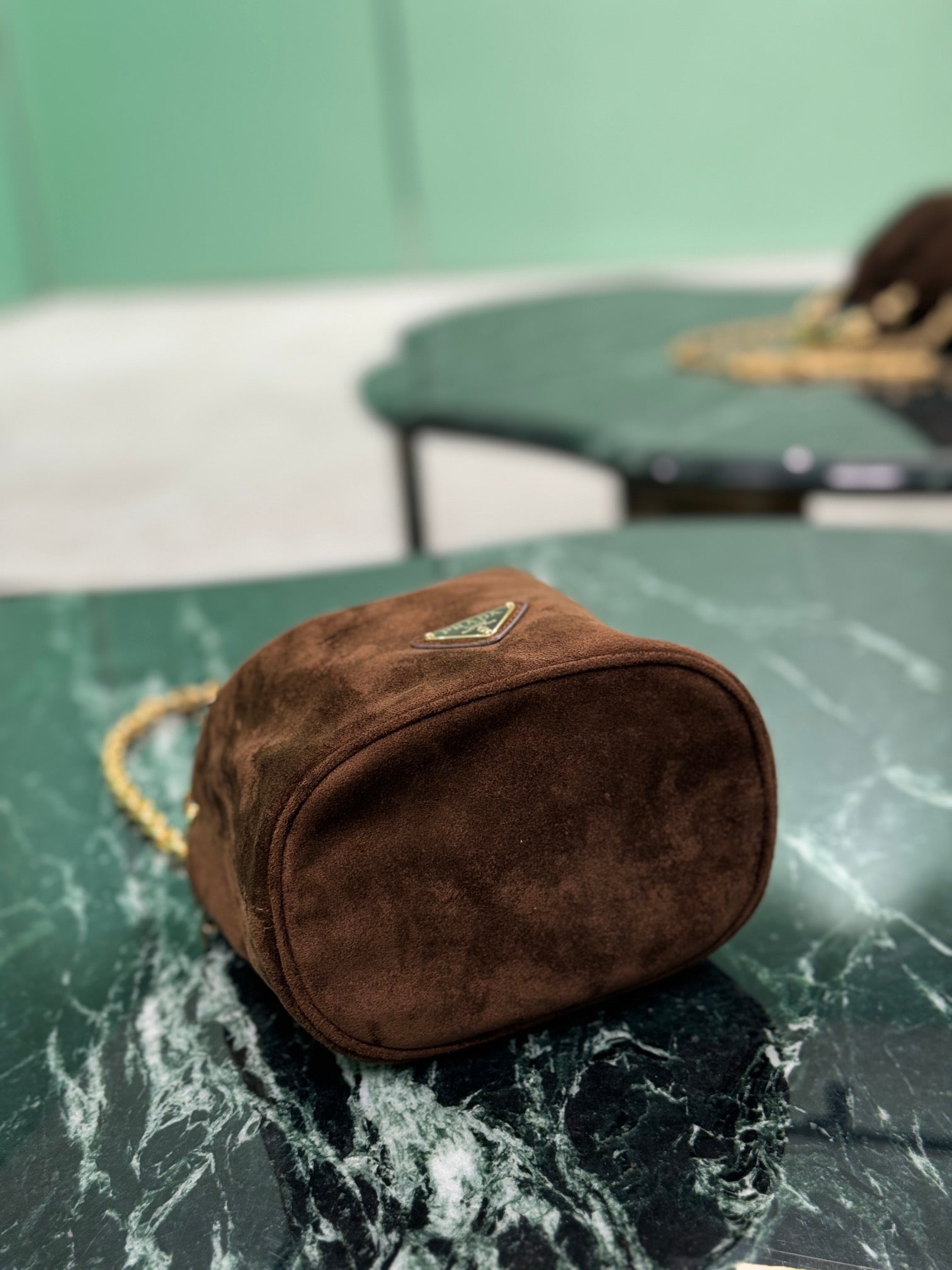 PRADA MINI BUCKET BAG 19 IN CHOCOLATE SOFT SUEDE GOLD HARDWARE