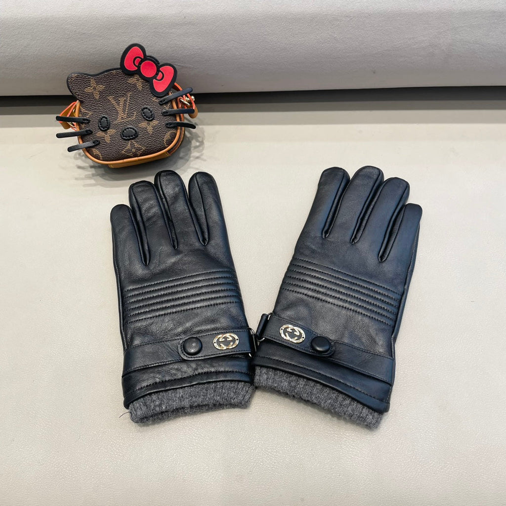 GUCCI TOUCHSCREEN GLOVES IN BLACK LAMBSKIN MIX WOOL 327782