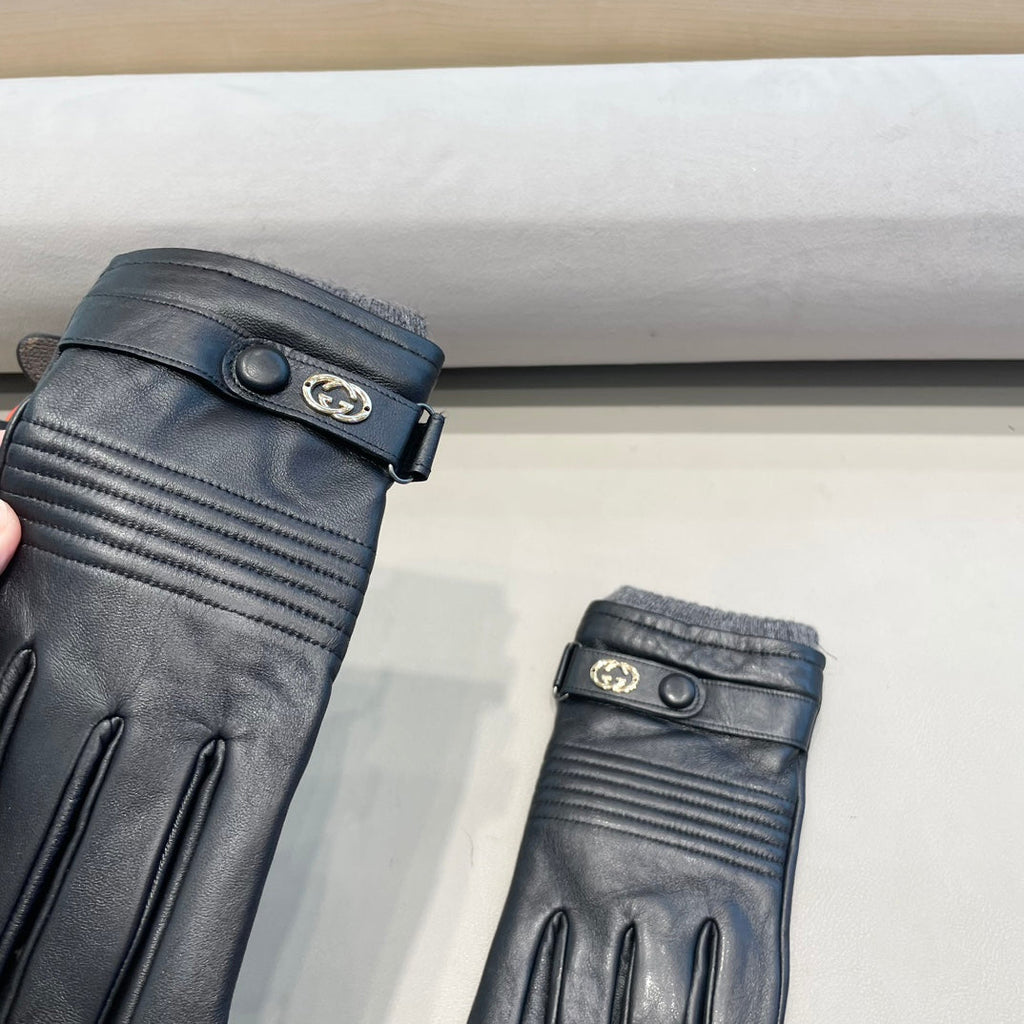 GUCCI TOUCHSCREEN GLOVES IN BLACK LAMBSKIN MIX WOOL 327782