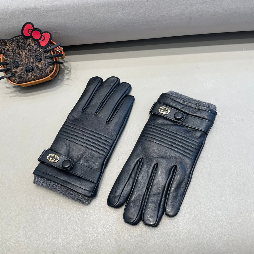 GUCCI TOUCHSCREEN GLOVES IN BLACK LAMBSKIN MIX WOOL 327782