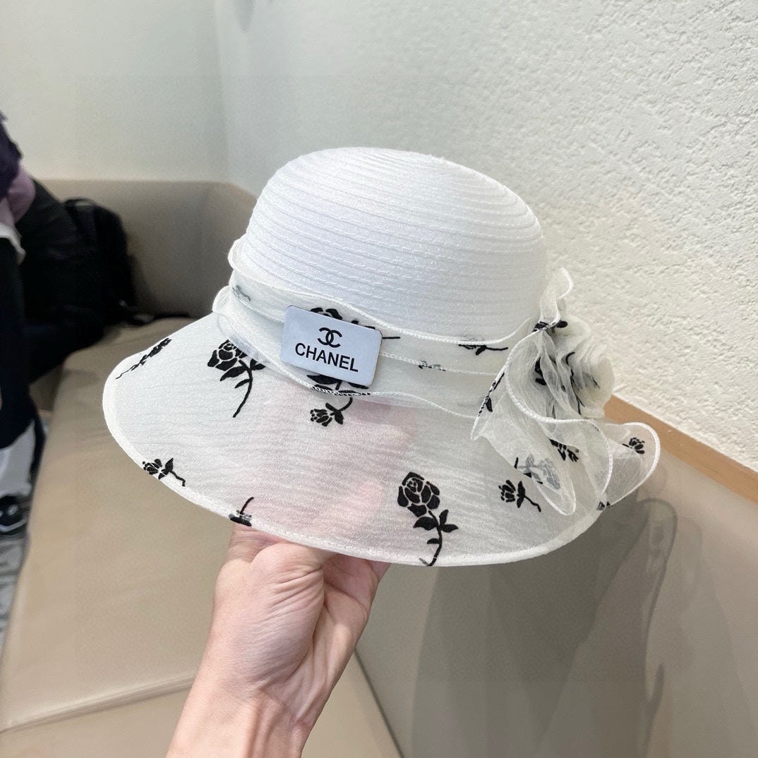 CHANEL STRAW HAT WITH CHIFFON FLOWER WHITE 672758