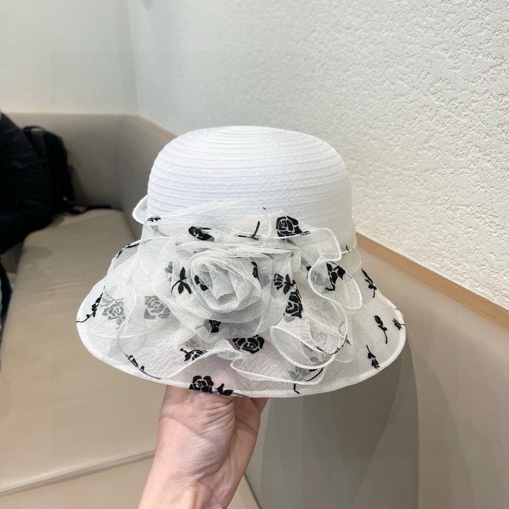 CHANEL STRAW HAT WITH CHIFFON FLOWER WHITE 672758