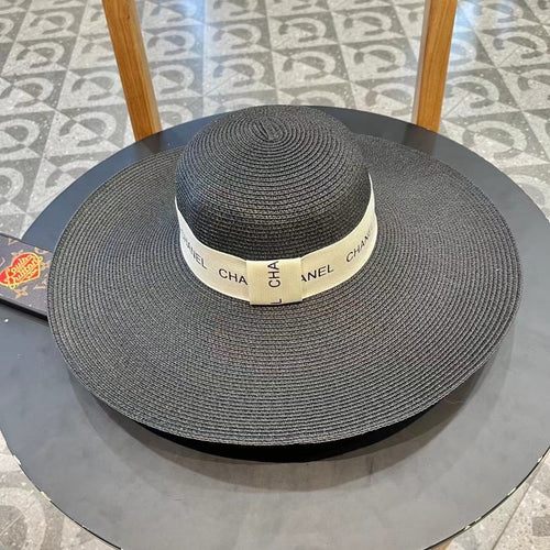 CHANEL WIDE BRIM STRAW HAT BLACK 672709