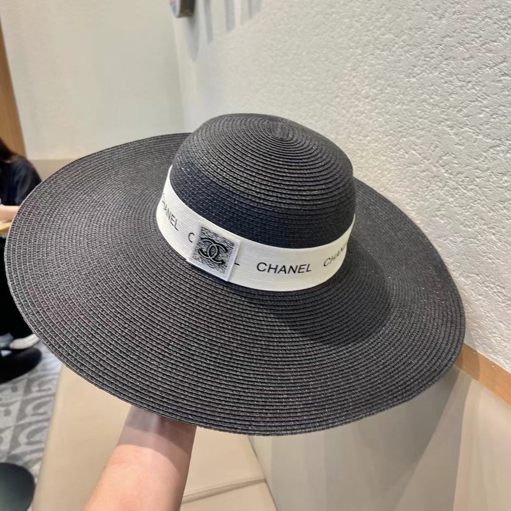 CHANEL WIDE BRIM STRAW HAT BLACK 672709