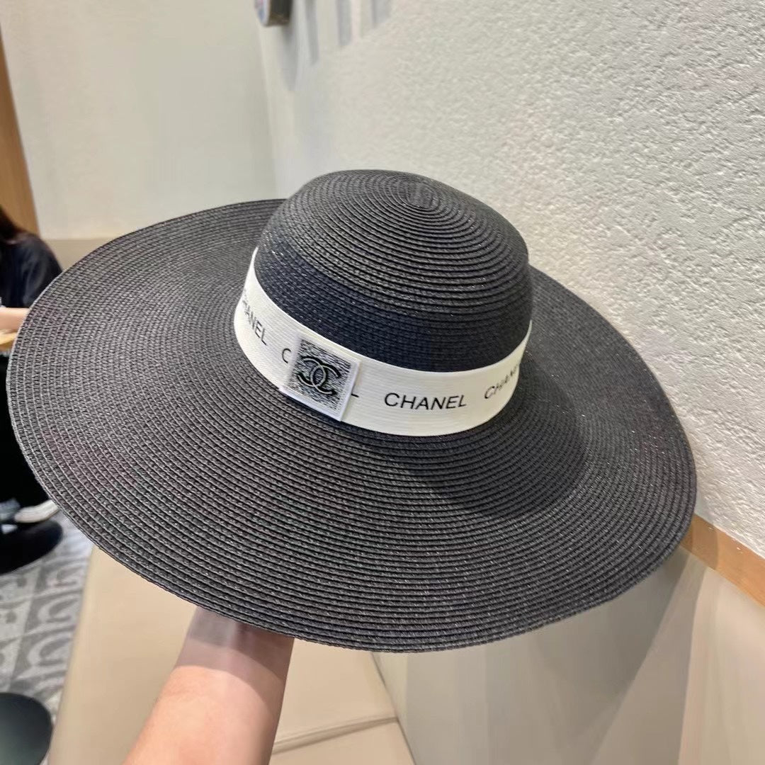 CHANEL WIDE BRIM STRAW HAT BLACK 672709
