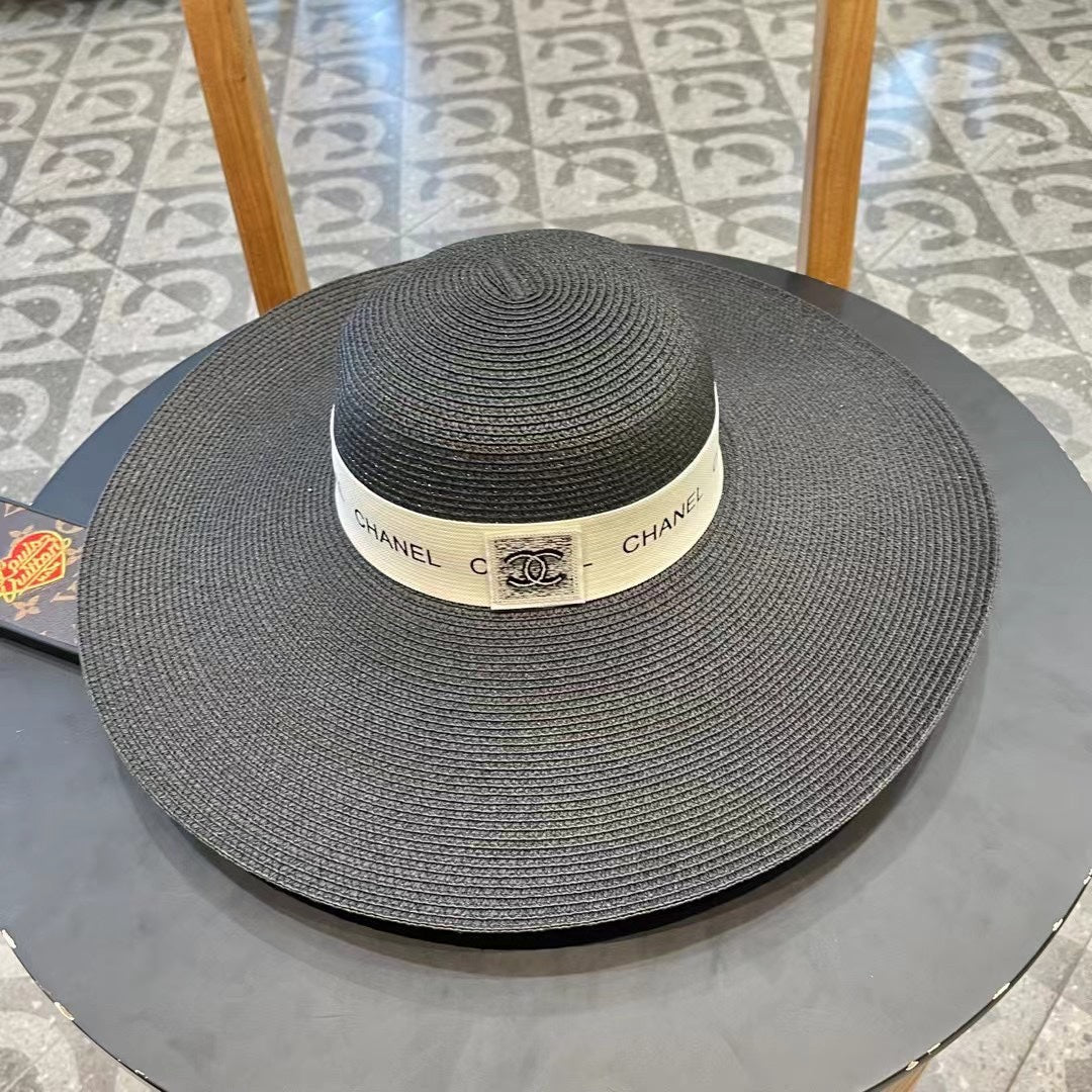 CHANEL WIDE BRIM STRAW HAT BLACK 672709