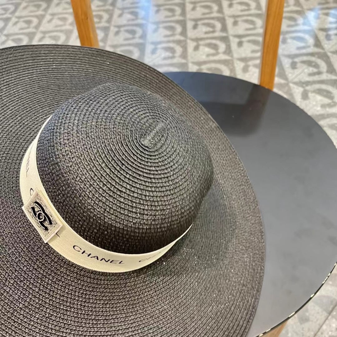 CHANEL WIDE BRIM STRAW HAT BLACK 672709