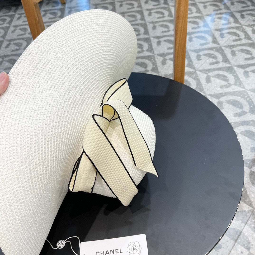 CHANEL WIDE BRIM STRAW HAT WITH BOW WHITE 672704