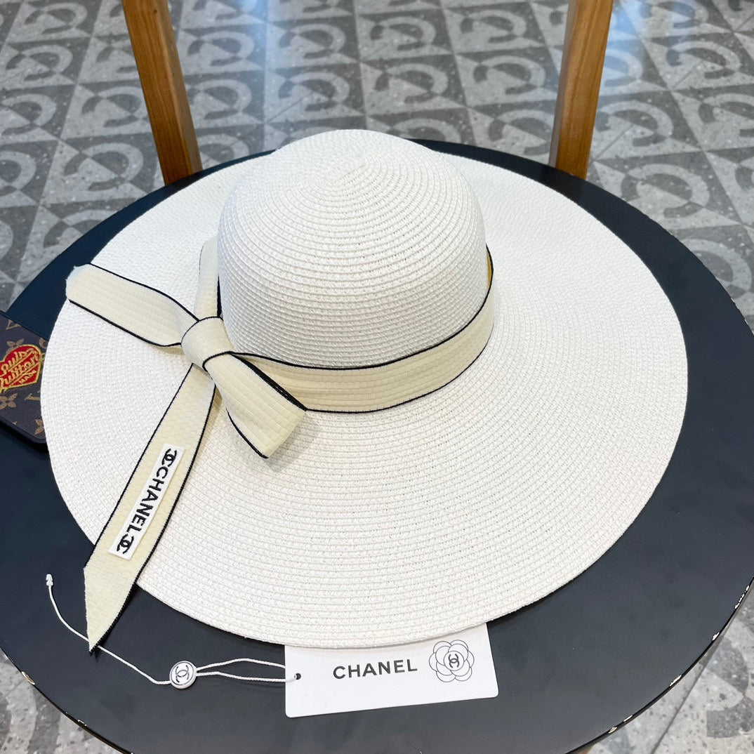 CHANEL WIDE BRIM STRAW HAT WITH BOW WHITE 672704