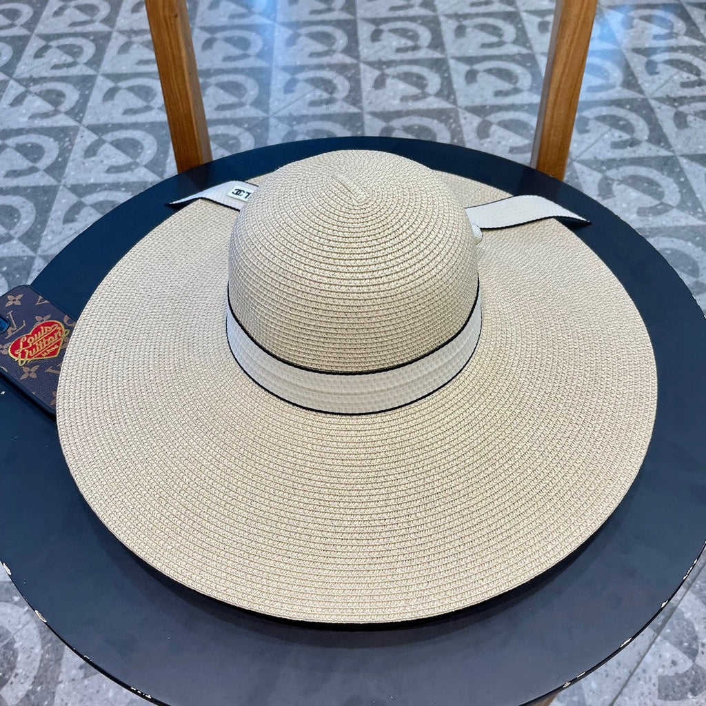 CHANEL WIDE BRIM STRAW HAT WITH BOW BEIGE 672706