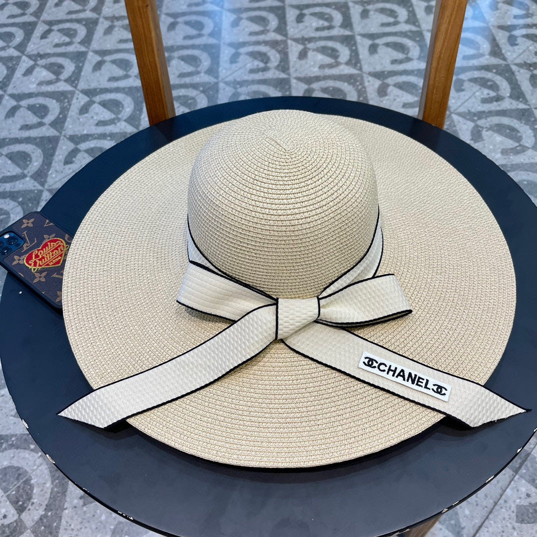 CHANEL WIDE BRIM STRAW HAT WITH BOW BEIGE 672706