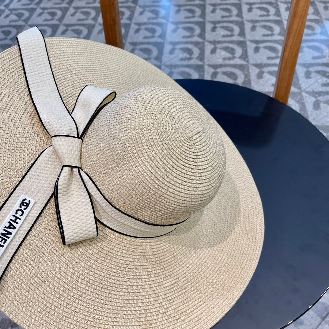 CHANEL WIDE BRIM STRAW HAT WITH BOW BEIGE 672706