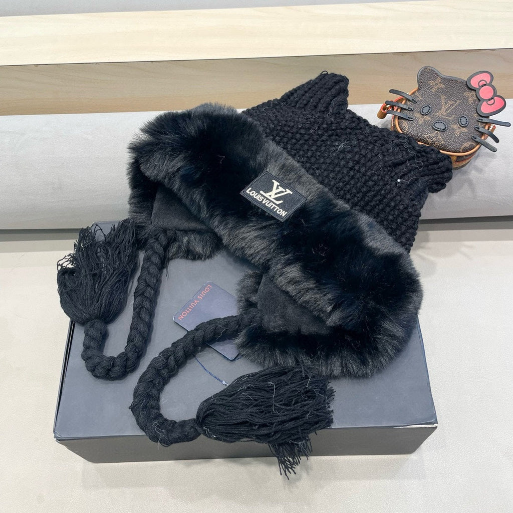 LOUIS VUITTON KNITTED BEANIE HAT IN BLACK WOOL WITH JAPANESE CAT EARS 421256