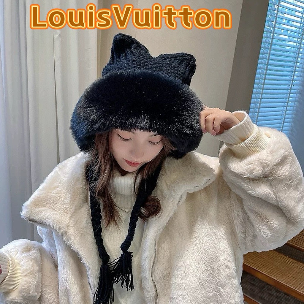 LOUIS VUITTON KNITTED BEANIE HAT IN BLACK WOOL WITH JAPANESE CAT EARS 421256
