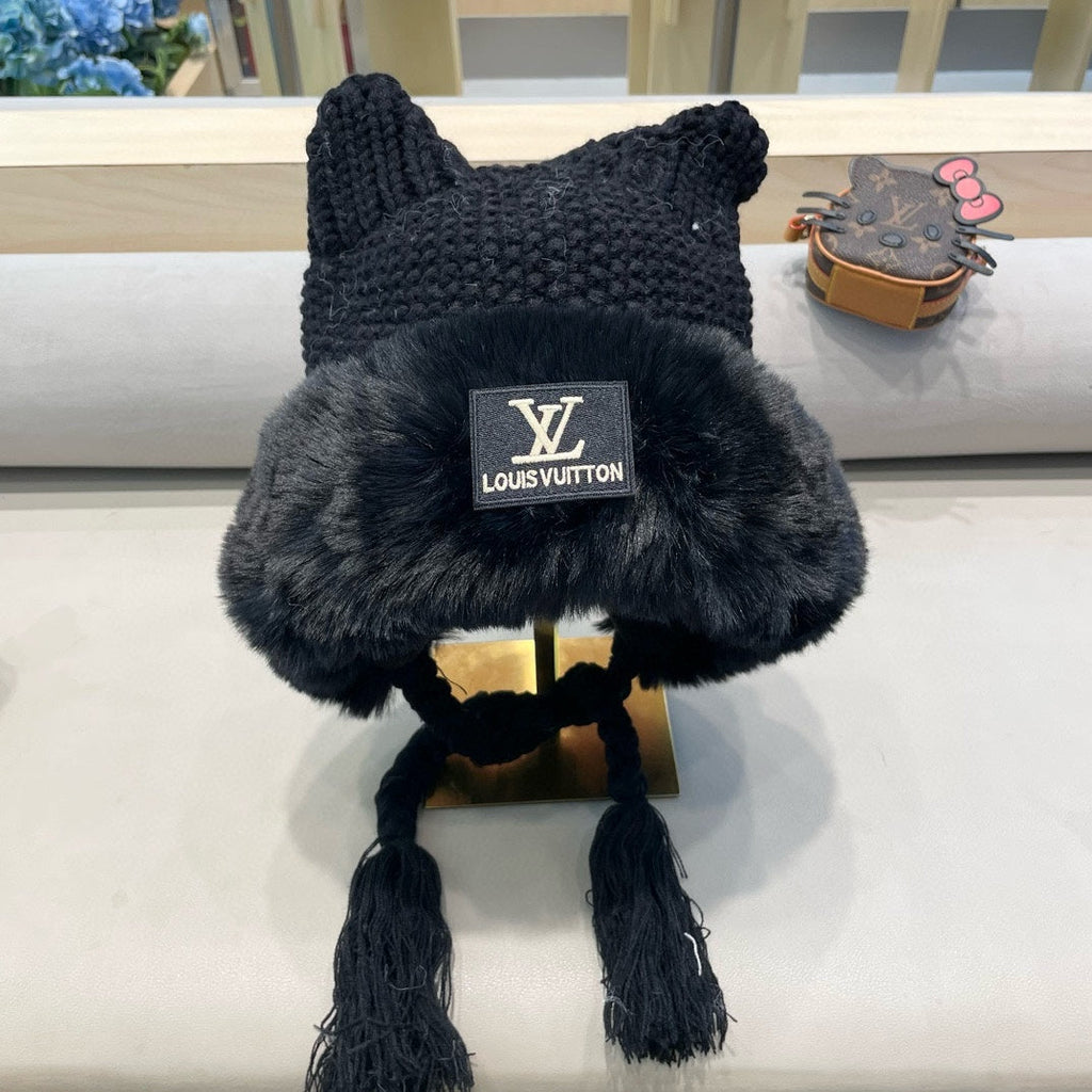 LOUIS VUITTON KNITTED BEANIE HAT IN BLACK WOOL WITH JAPANESE CAT EARS 421256