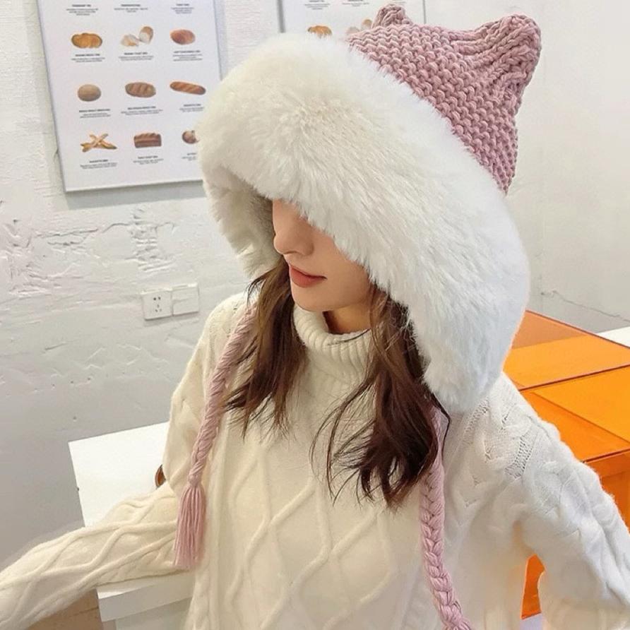 LOUIS VUITTON KNITTED BEANIE HAT IN LIGHT PINK WOOL WITH JAPANESE CAT EARS 421258