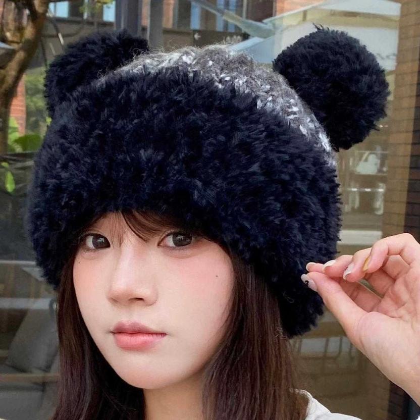 LOUIS VUITTON KNITTED BEANIE HAT IN BLACK MIX GRAY WOOL WITH CUTE BEAR EARS 422498