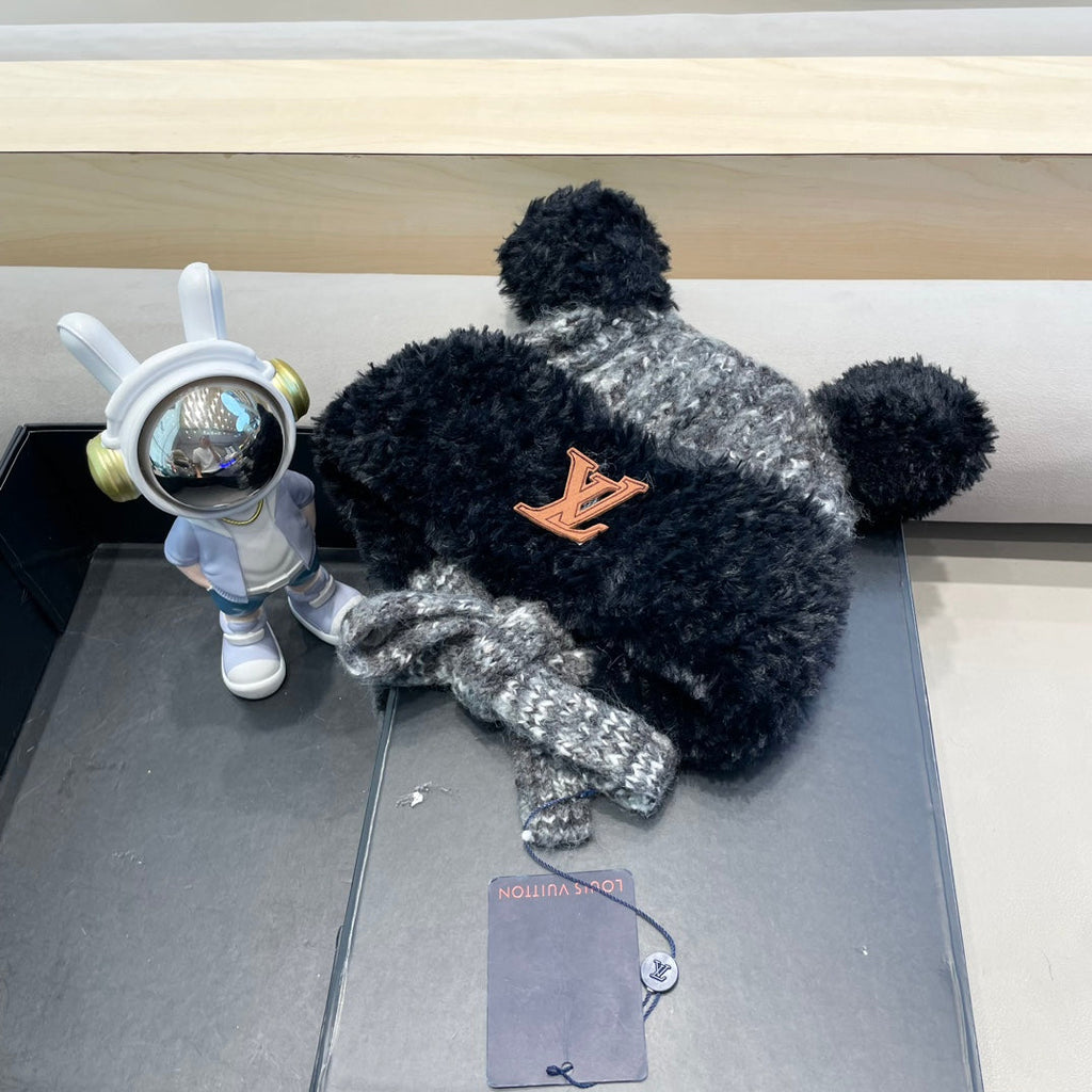 LOUIS VUITTON KNITTED BEANIE HAT IN BLACK MIX GRAY WOOL WITH CUTE BEAR EARS 422498