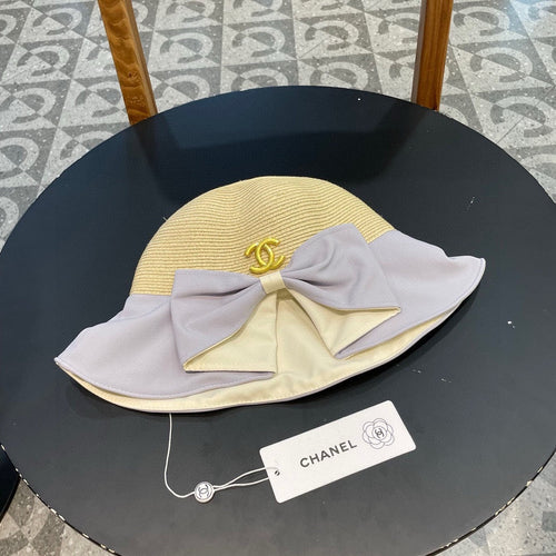 CHANEL BOW BUCKET HAT IN PALE PURPLE MIX BEIGE RAFFIA 426169