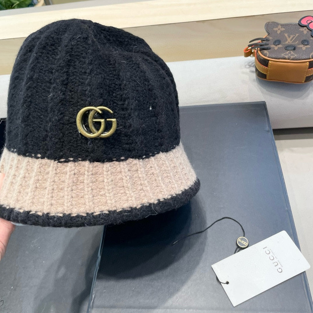GUCCI KNIT BUCKET HAT IN BLACK MIX LIGHT BROWN WOOL 431639