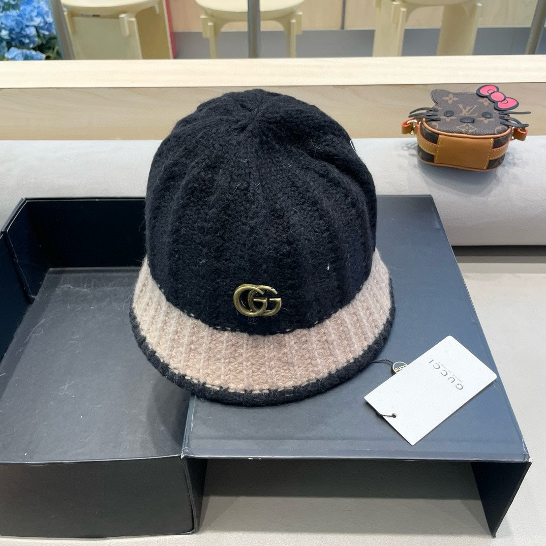 GUCCI KNIT BUCKET HAT IN BLACK MIX LIGHT BROWN WOOL 431639