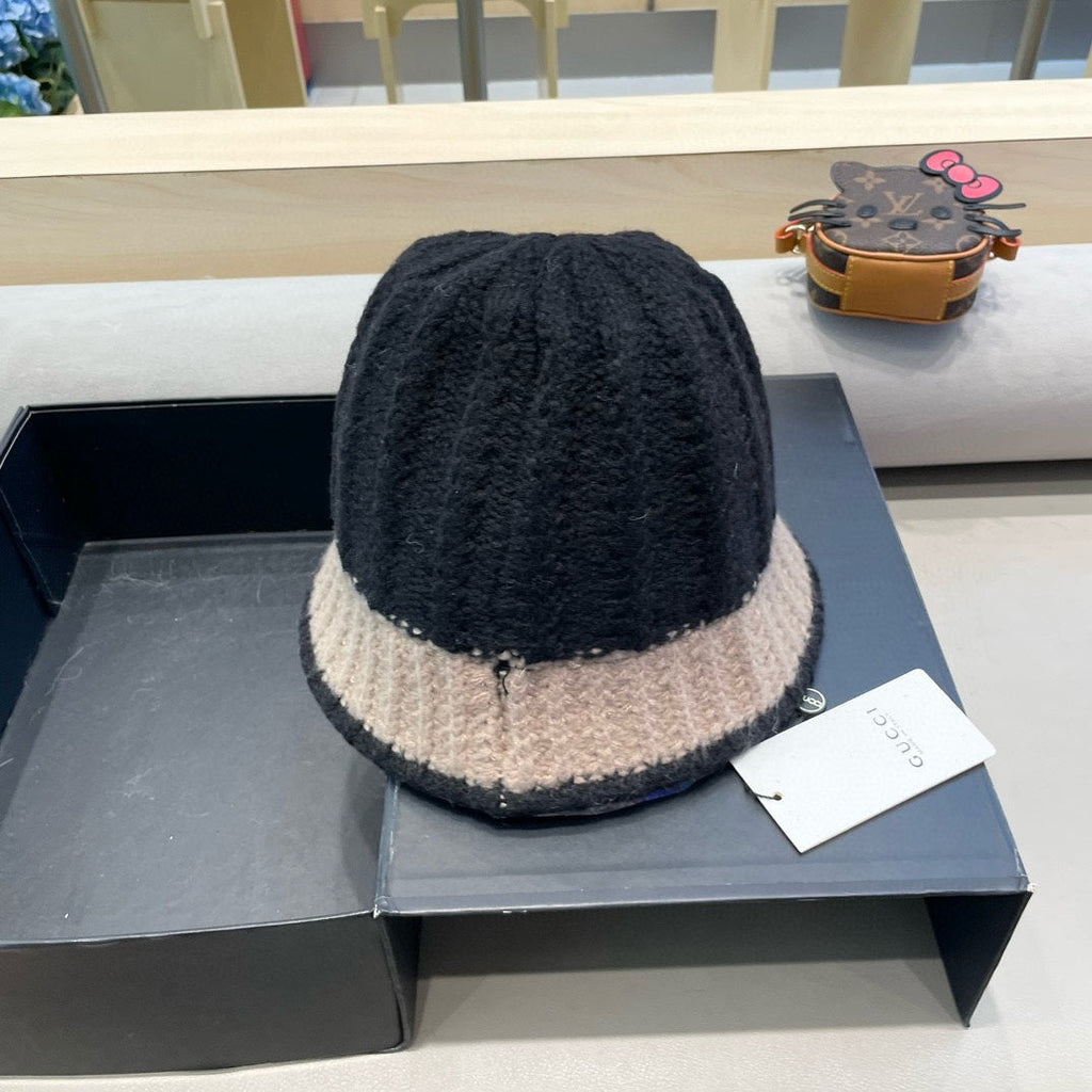 GUCCI KNIT BUCKET HAT IN BLACK MIX LIGHT BROWN WOOL 431639