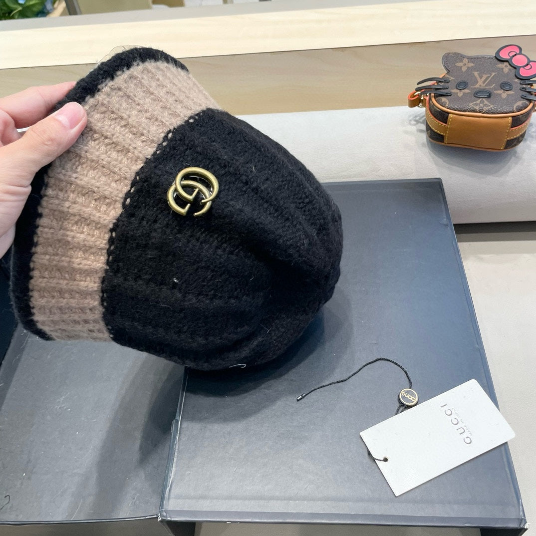 GUCCI KNIT BUCKET HAT IN BLACK MIX LIGHT BROWN WOOL 431639