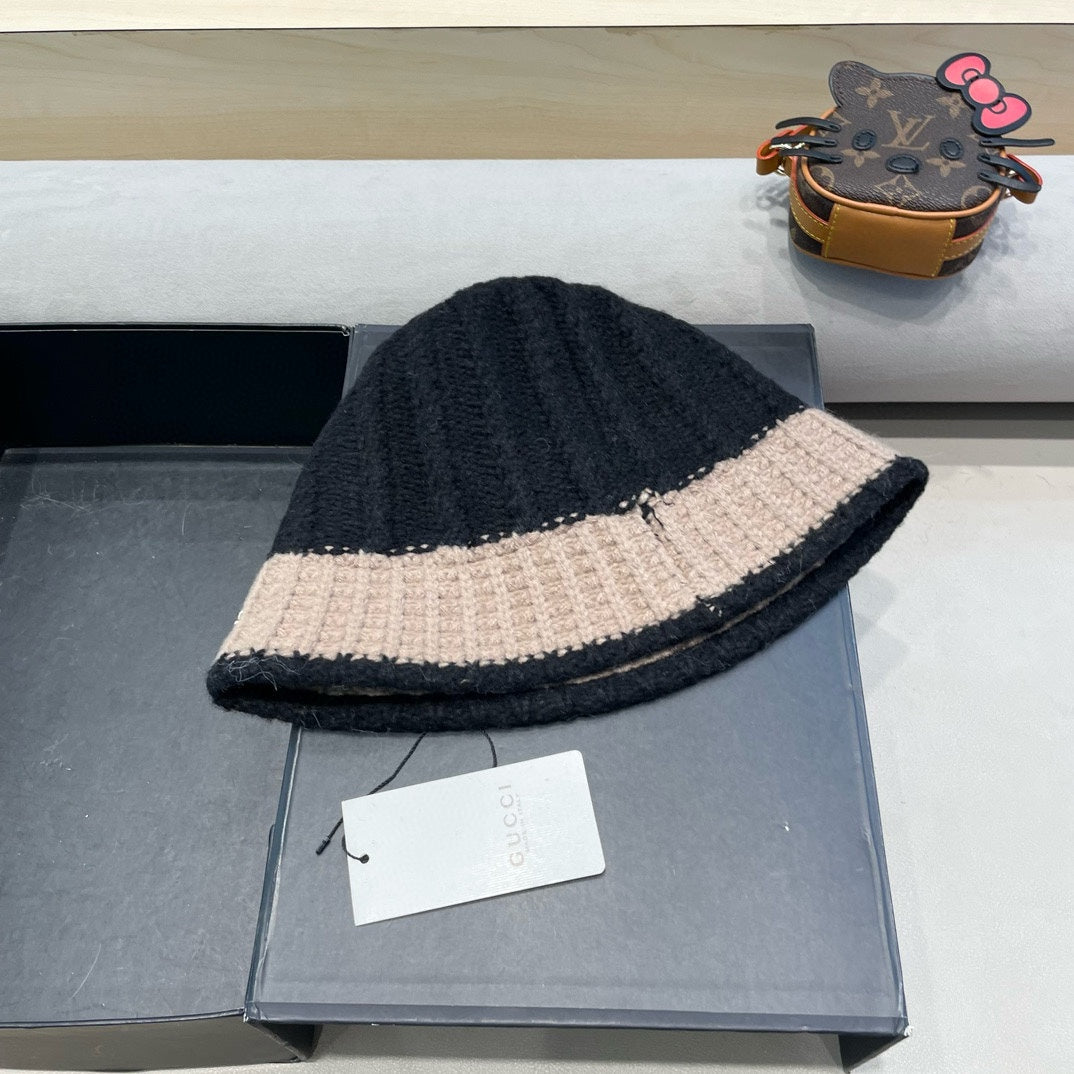 GUCCI KNIT BUCKET HAT IN BLACK MIX LIGHT BROWN WOOL 431639