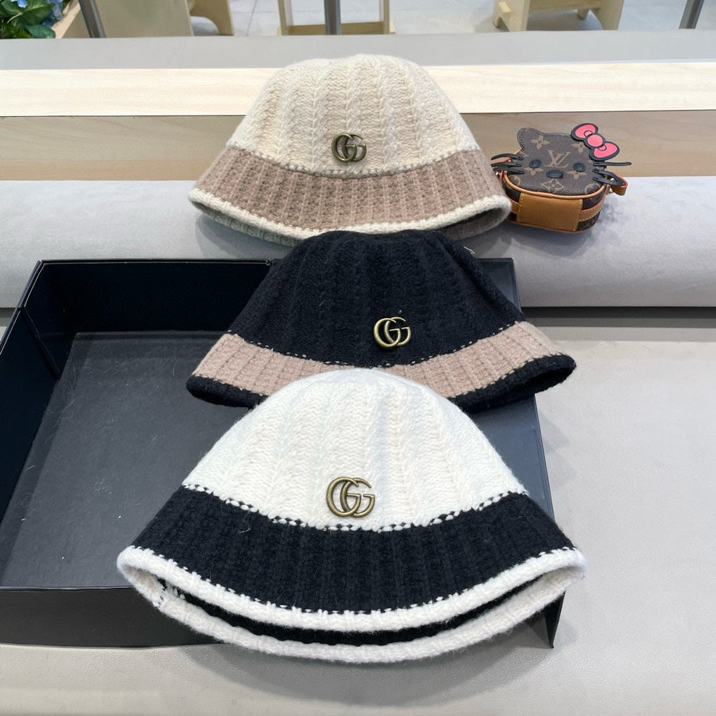 GUCCI KNIT BUCKET HAT IN BEIGE MIX MEDIUM BROWN WOOL 431640