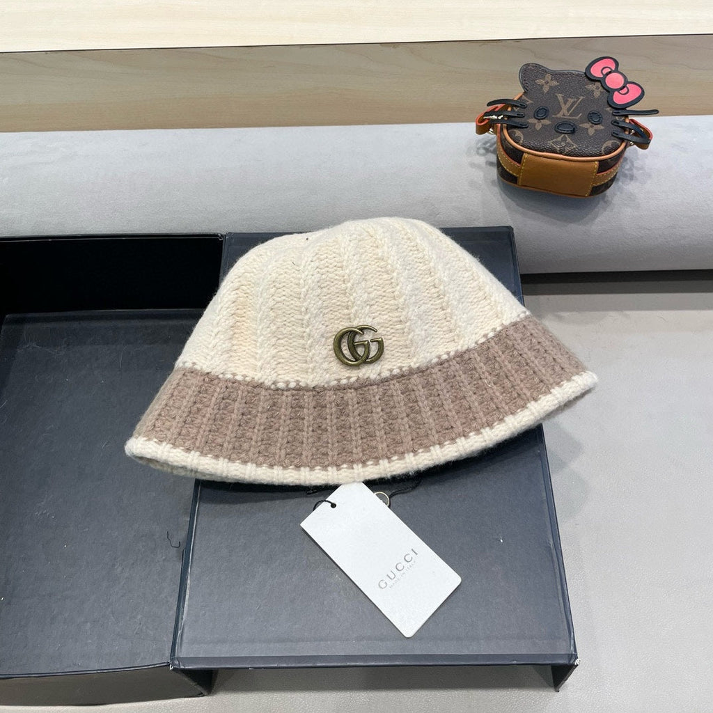 GUCCI KNIT BUCKET HAT IN BEIGE MIX MEDIUM BROWN WOOL 431640