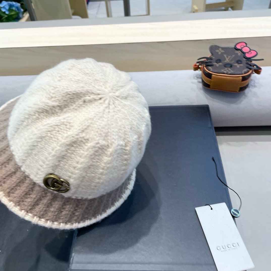 GUCCI KNIT BUCKET HAT IN BEIGE MIX MEDIUM BROWN WOOL 431640
