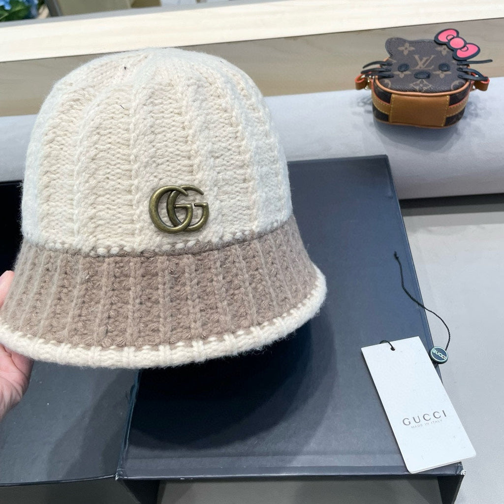 GUCCI KNIT BUCKET HAT IN BEIGE MIX MEDIUM BROWN WOOL 431640