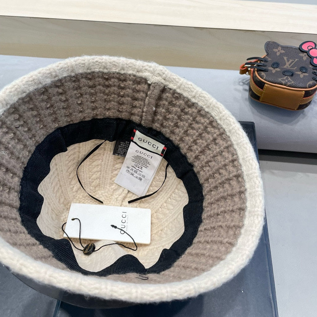 GUCCI KNIT BUCKET HAT IN BEIGE MIX MEDIUM BROWN WOOL 431640