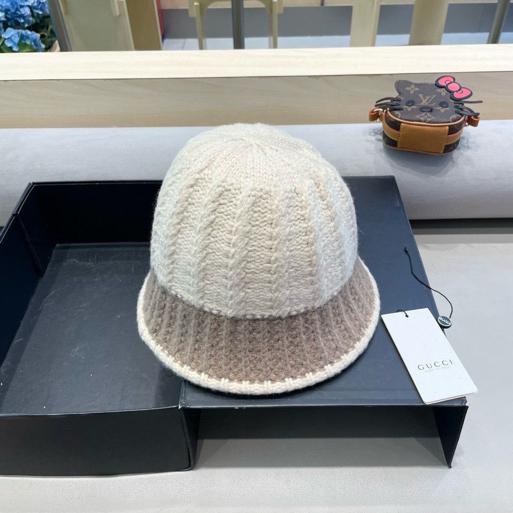 GUCCI KNIT BUCKET HAT IN BEIGE MIX MEDIUM BROWN WOOL 431640