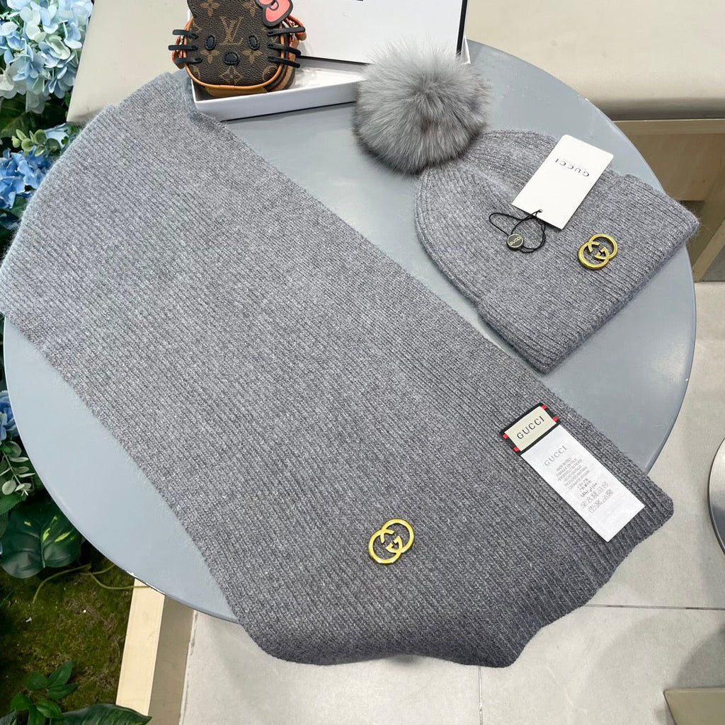 GUCCI SET SCARF AND HAT IN DOVE GRAY CASHMERE 436241