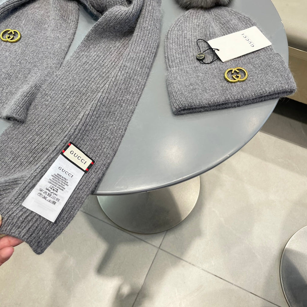 GUCCI SET SCARF AND HAT IN DOVE GRAY CASHMERE 436241