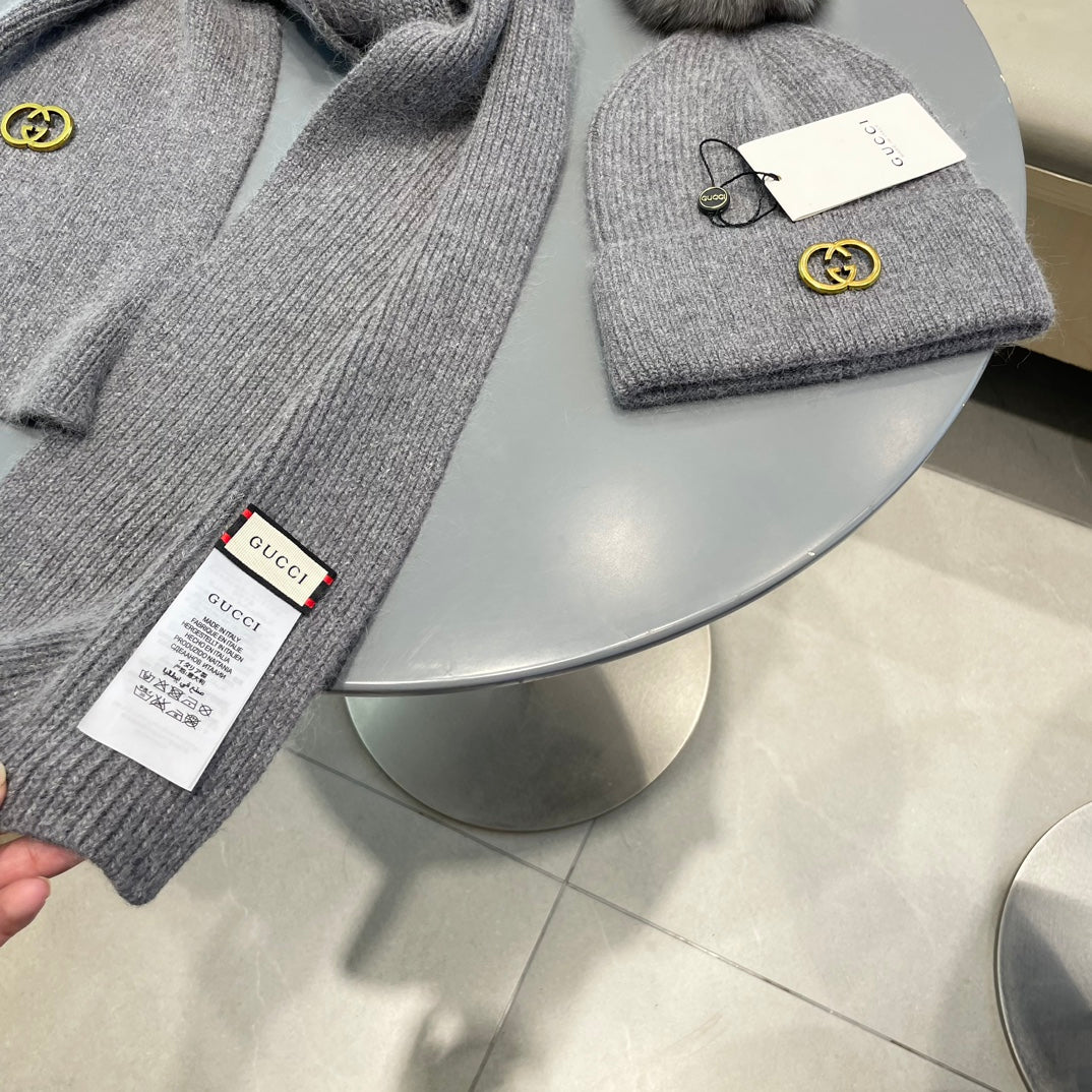 GUCCI SET SCARF AND HAT IN DOVE GRAY CASHMERE 436241