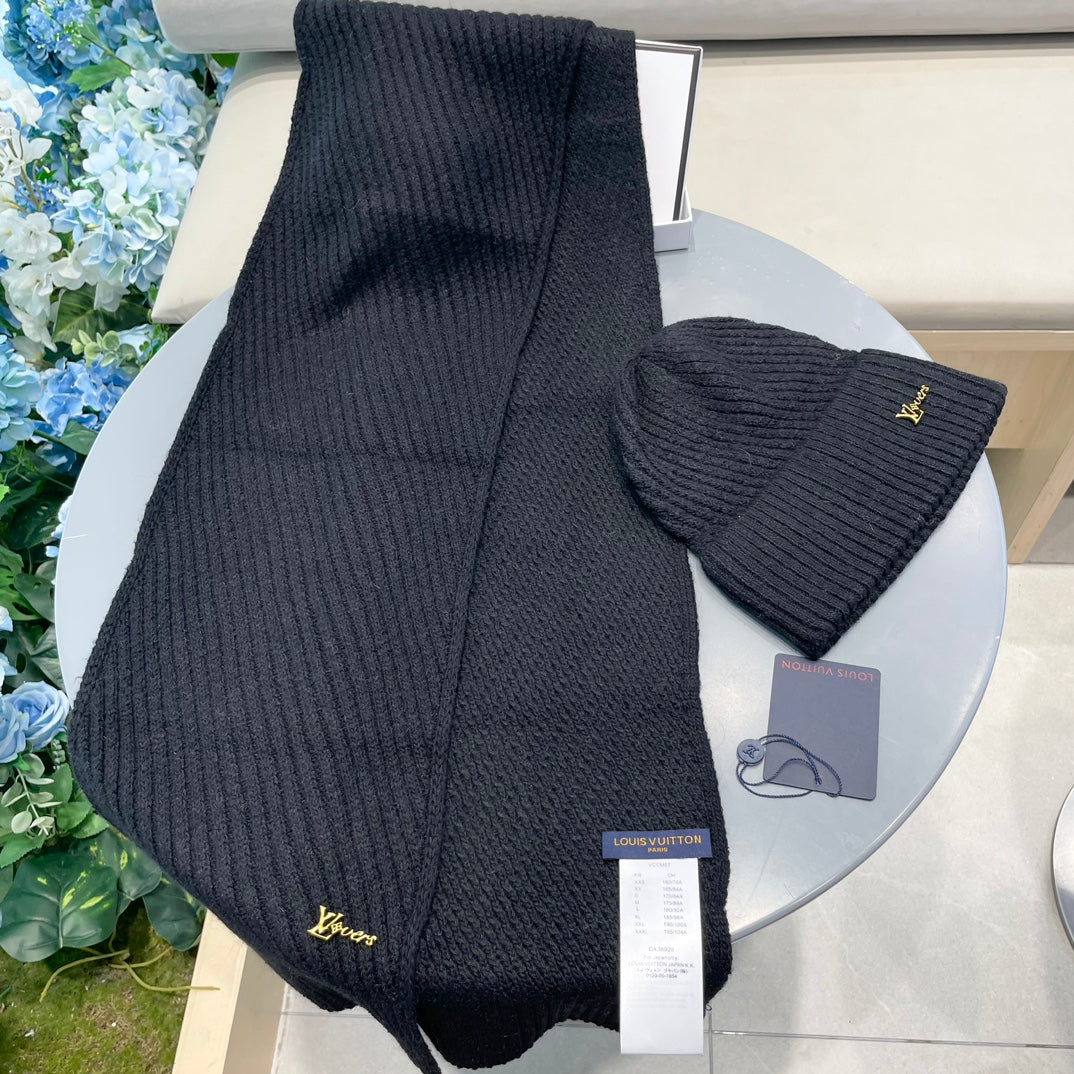 LOUIS VUITTON SET SCARF AND HAT IN BLACK WOOL 436222