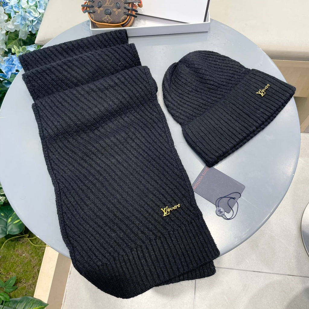 LOUIS VUITTON SET SCARF AND HAT IN BLACK WOOL 436222
